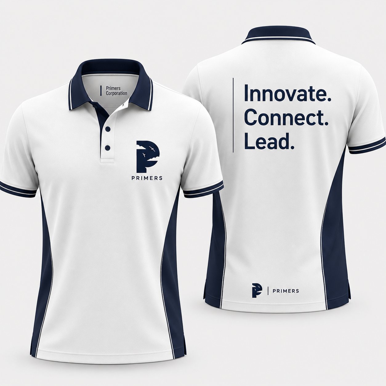 The Primers team polo, white with navy panels, the Primers logo on the chest and Innovate. Connect. Lead. on the back